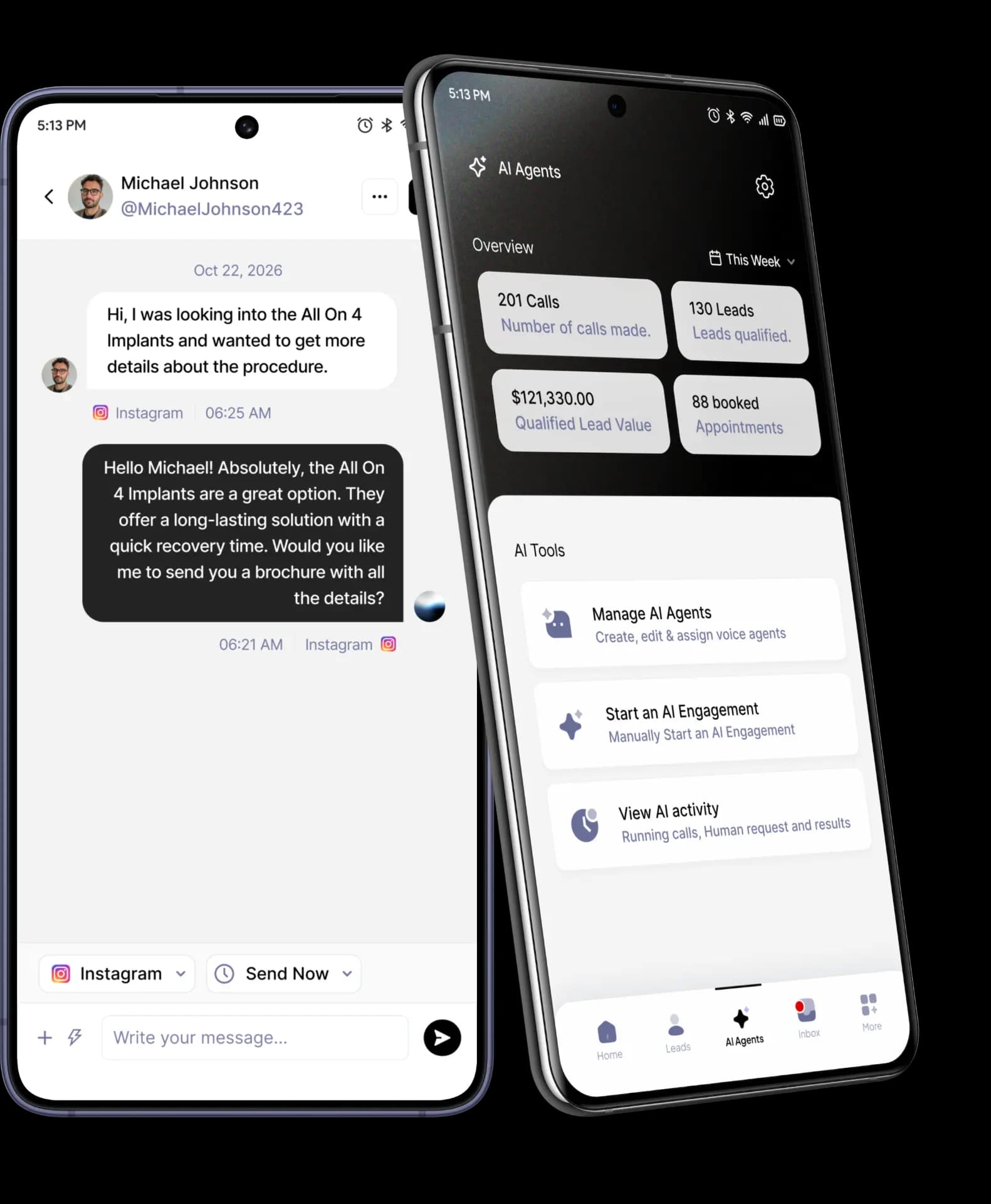 Zoie mobile app showing an Instagram conversation and the AI Agents dashboard on two phones